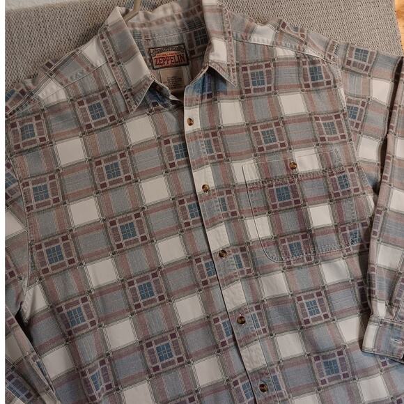 Zeppelin Vintage Jean Shirt Mens XL Gray/Blue Plaid Button Up Casual Y2K - Picture 5 of 12